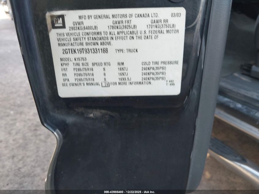 2003 GMC Sierra 1500 Sle VIN: 2GTEK19T931331168 Lot: 43985480