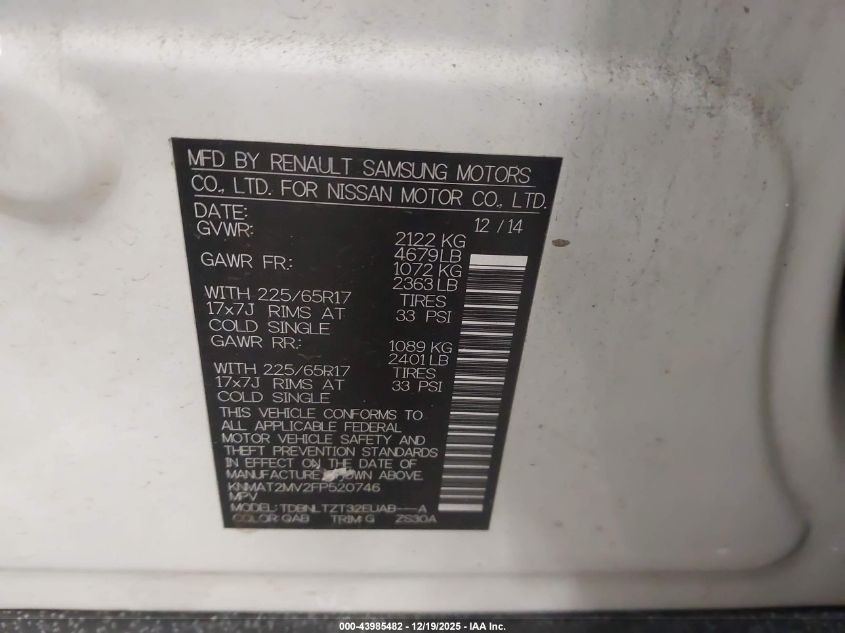 2015 Nissan Rogue S/Sl/Sv VIN: KNMAT2MV2FP520746 Lot: 43985482