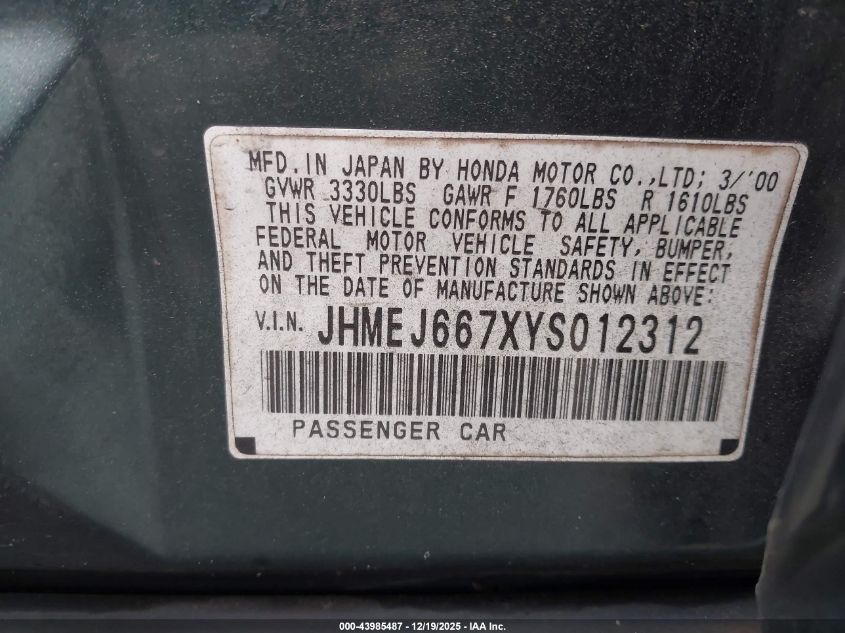 2000 Honda Civic Lx VIN: JHMEJ667XYS012312 Lot: 43985487