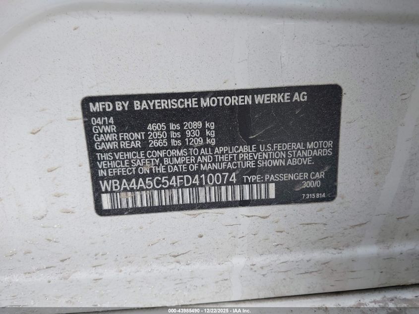 2015 BMW 428 Gran Coupe VIN: WBA4A5C54FD410074 Lot: 43985490