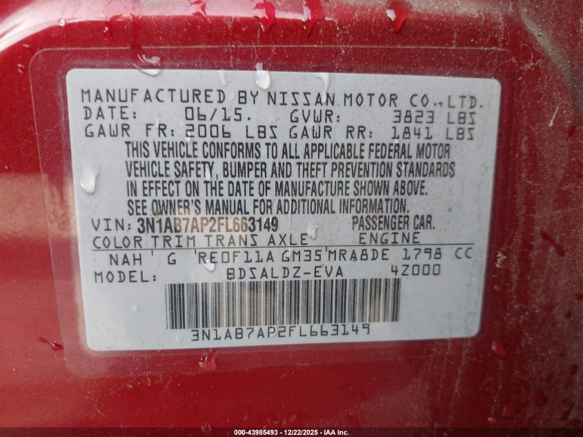 2015 Nissan Sentra Fe+ S/S/Sl/Sr/Sv VIN: 3N1AB7AP2FL663149 Lot: 43985493