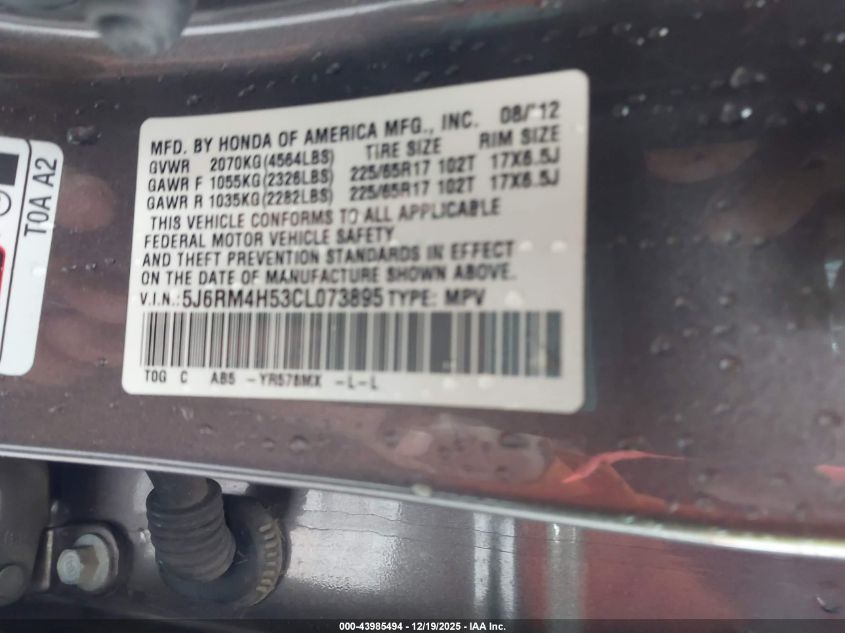 2012 Honda Cr-V Ex VIN: 5J6RM4H53CL073895 Lot: 43985494
