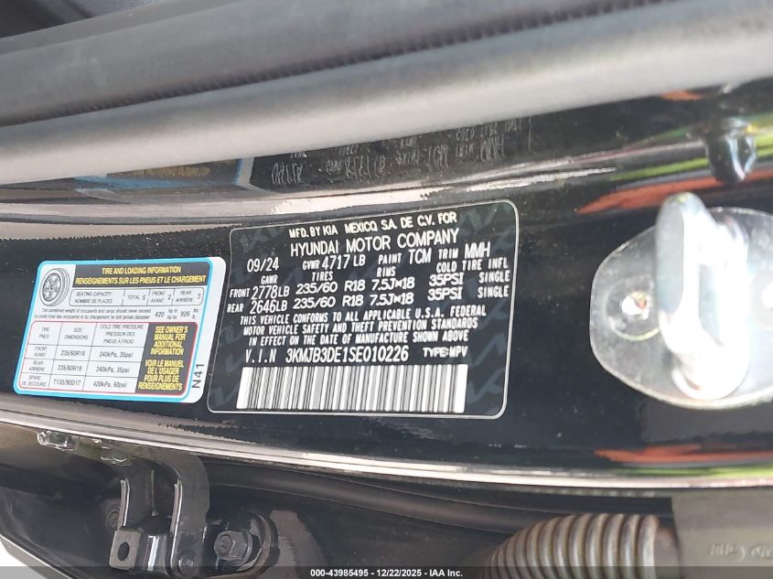 2025 Hyundai Tucson Sel VIN: 3KMJB3DE1SE010226 Lot: 43985495