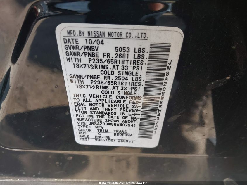 2005 Nissan Murano Sl VIN: JN8AZ08W55W407341 Lot: 43985496