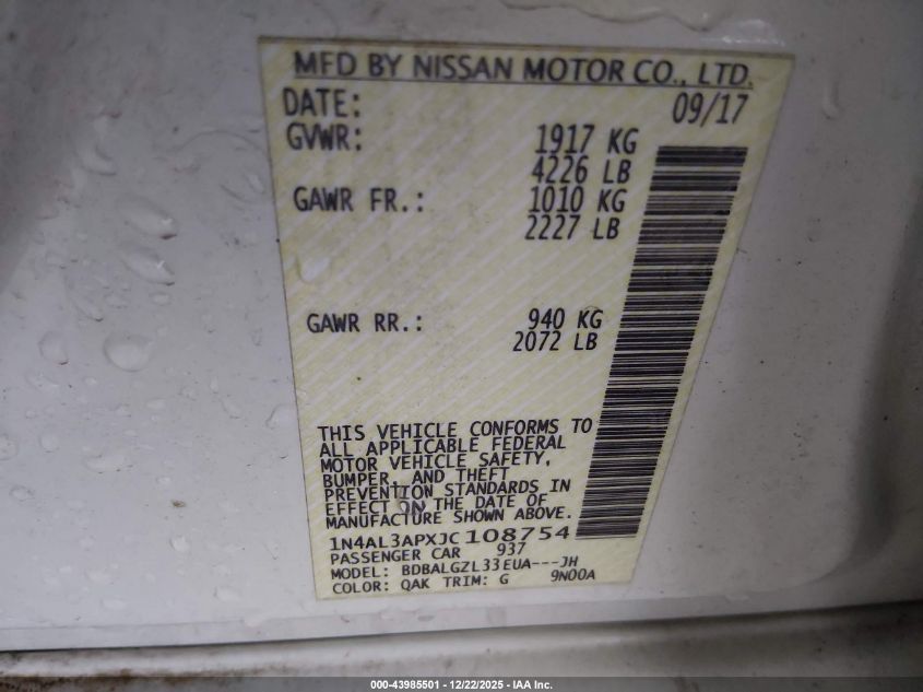 2018 Nissan Altima 2.5 S VIN: 1N4AL3APXJC108754 Lot: 43985501