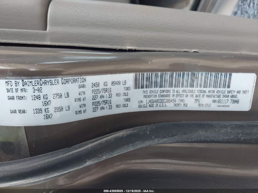 2002 Jeep Grand Cherokee Laredo VIN: 1J4GW48S32C205494 Lot: 43985505