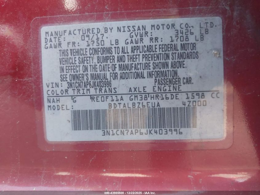 2018 Nissan Versa 1.6 Sv VIN: 3N1CN7AP6JK403996 Lot: 43985508