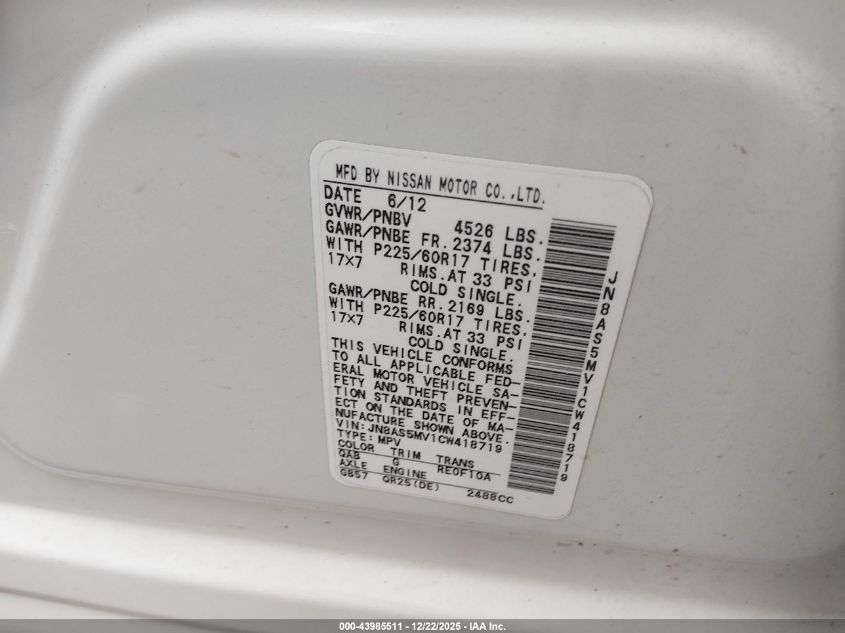 2012 Nissan Rogue Sv VIN: JN8AS5MV1CW418719 Lot: 43985511