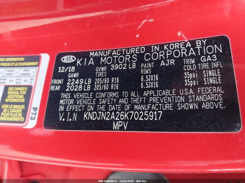 2019 Kia Soul VIN: KNDJN2A26K7025917 Lot: 43985512