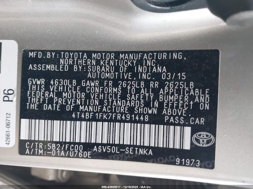 2015 Toyota Camry Le VIN: 4T4BF1FK7FR491448 Lot: 43985517