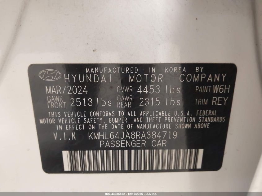 2024 Hyundai Sonata Sel VIN: KMHL64JA8RA384719 Lot: 43985522