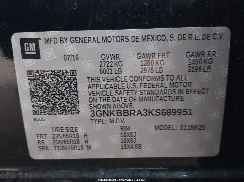2019 Chevrolet Blazer VIN: 3GNKBBRA3KS689951 Lot: 43985524
