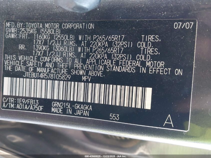 2007 Toyota 4Runner Sport V6 VIN: JTEBU14R578105829 Lot: 43985525