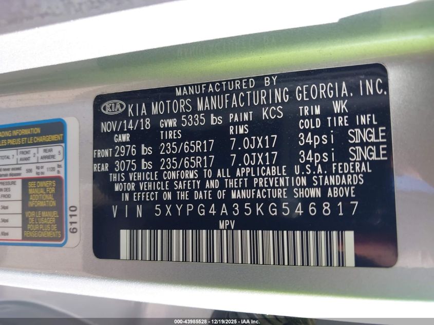 2019 Kia Sorento 2.4L Lx VIN: 5XYPG4A35KG546817 Lot: 43985528