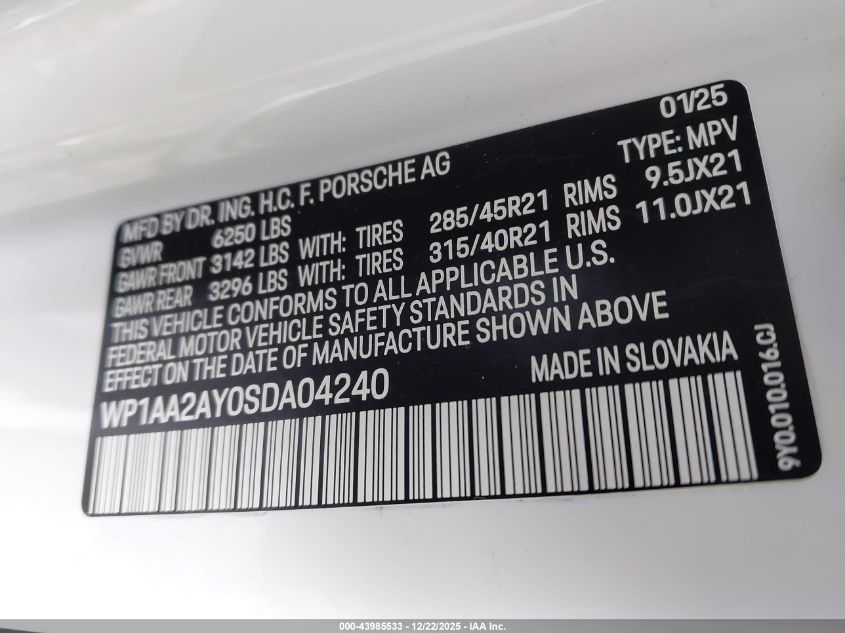 2025 Porsche Cayenne VIN: WP1AA2AY0SDA04240 Lot: 43985533