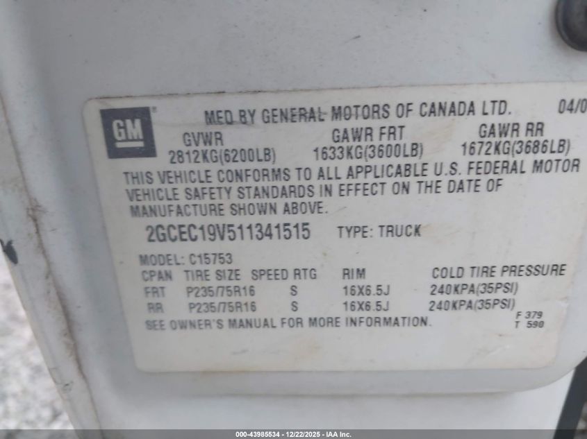 2001 Chevrolet Silverado 1500 Ls VIN: 2GCEC19V511341515 Lot: 43985534