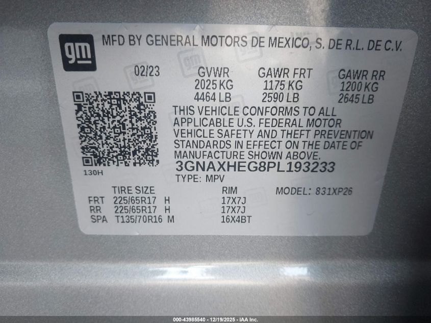 2023 Chevrolet Equinox Fwd Ls VIN: 3GNAXHEG8PL193233 Lot: 43985540