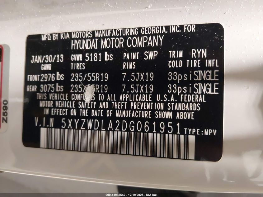 2013 Hyundai Santa Fe Sport 2.0T VIN: 5XYZWDLA2DG061951 Lot: 43985542