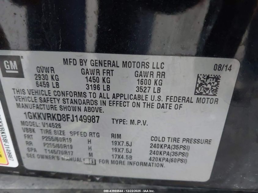 2015 GMC Acadia Slt-1 VIN: 1GKKVRKD8FJ149987 Lot: 43985544