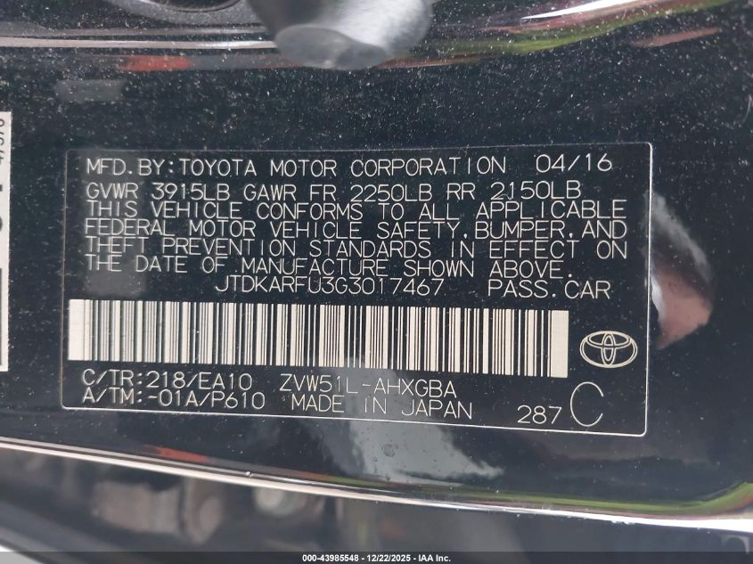 2016 Toyota Prius Four VIN: JTDKARFU3G3017467 Lot: 43985548
