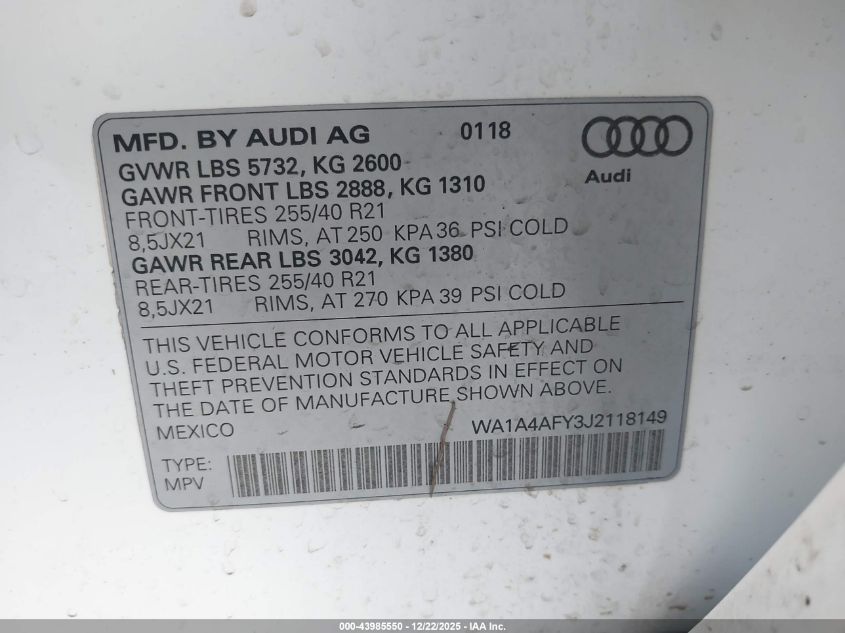 2018 Audi Sq5 3.0T Premium Plus VIN: WA1A4AFY3J2118149 Lot: 43985550