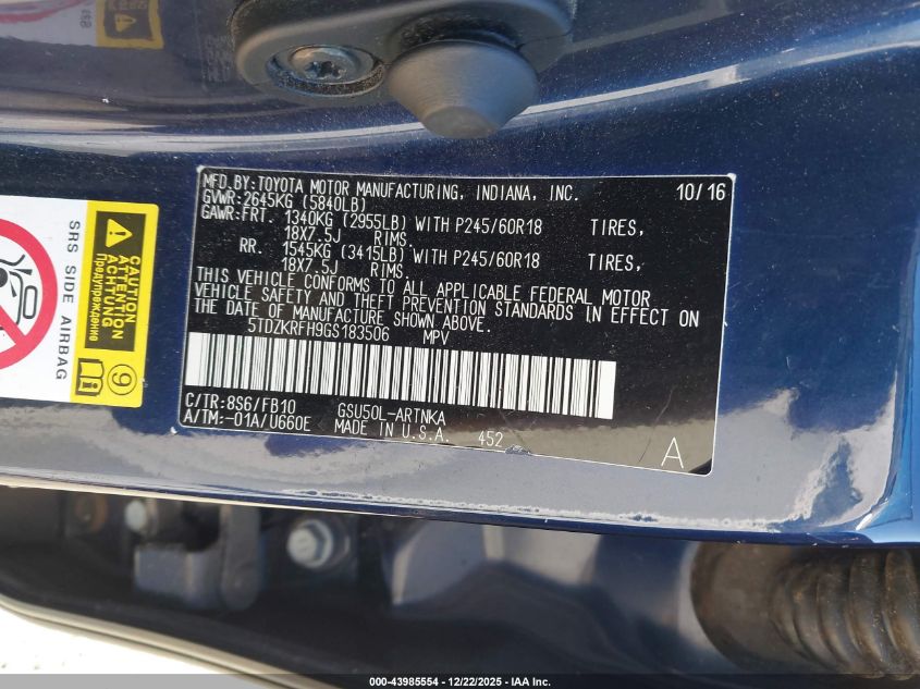 2016 Toyota Highlander Le V6 VIN: 5TDZKRFH9GS183506 Lot: 43985554