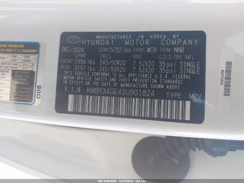 2025 Hyundai Palisade Xrt VIN: KM8R34GE4SU901824 Lot: 43985558