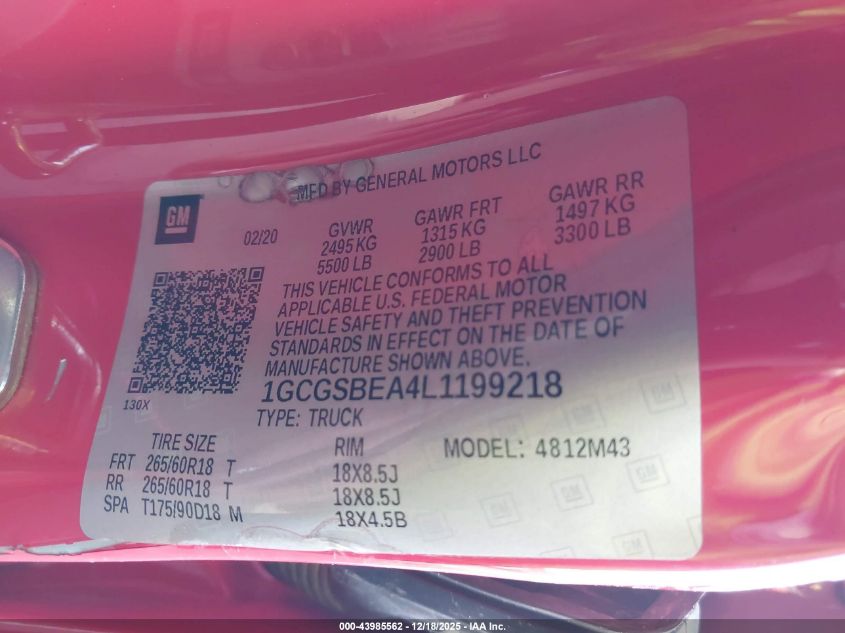 2020 Chevrolet Colorado 2Wd Short Box Wt VIN: 1GCGSBEA4L1199218 Lot: 43985562