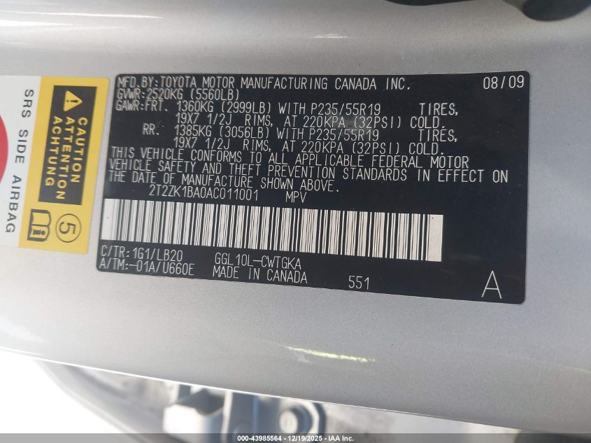 2010 Lexus Rx 350 VIN: 2T2ZK1BA0AC011001 Lot: 43985564