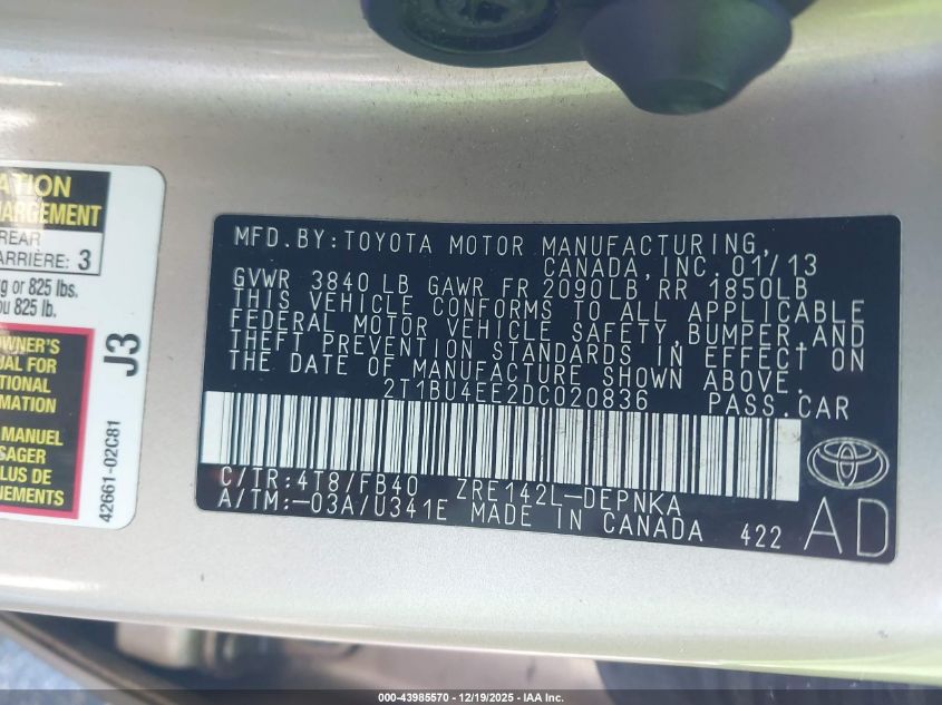 2013 Toyota Corolla Le VIN: 2T1BU4EE2DC020836 Lot: 43985570