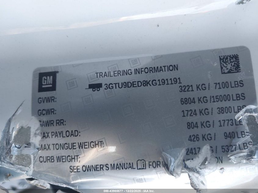 2019 GMC Sierra 1500 Slt VIN: 3GTU9DED8KG191191 Lot: 43985577