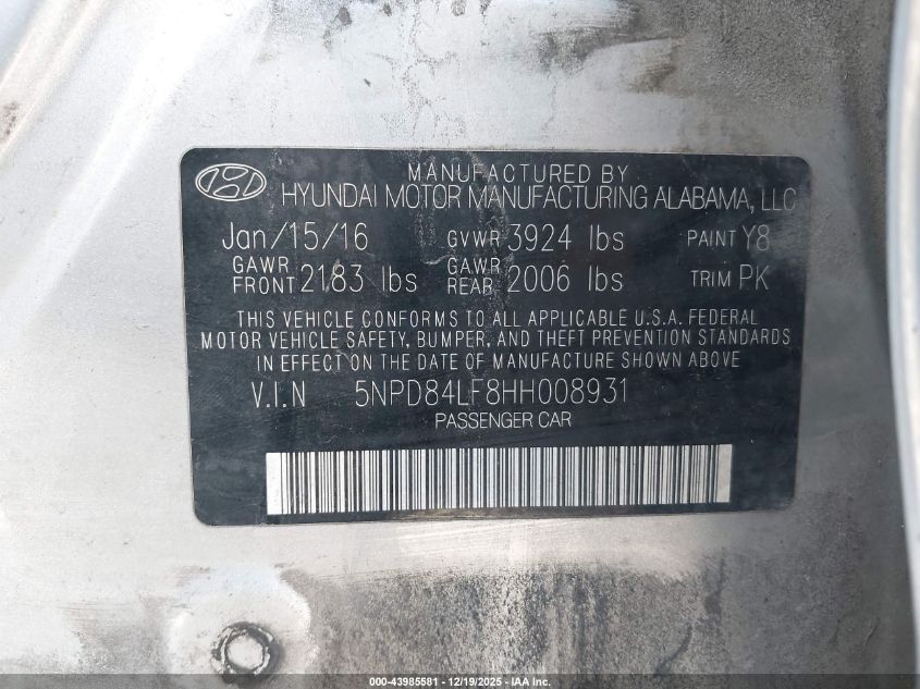 2017 Hyundai Elantra Se VIN: 5NPD84LF8HH008931 Lot: 43985581