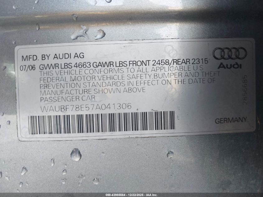 2007 Audi A4 2.0T VIN: WAUBF78E57A041306 Lot: 43985584