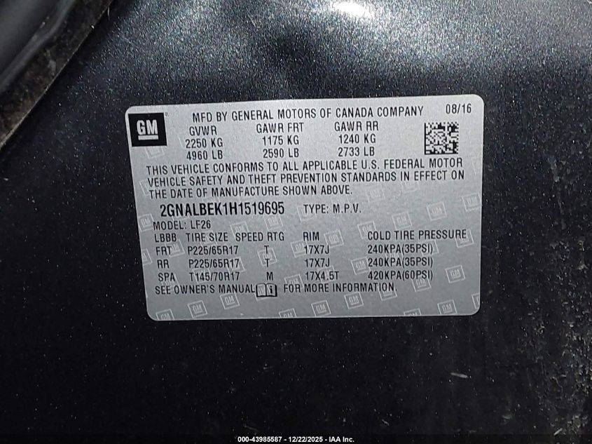 2017 Chevrolet Equinox Ls VIN: 2GNALBEK1H1519695 Lot: 43985587