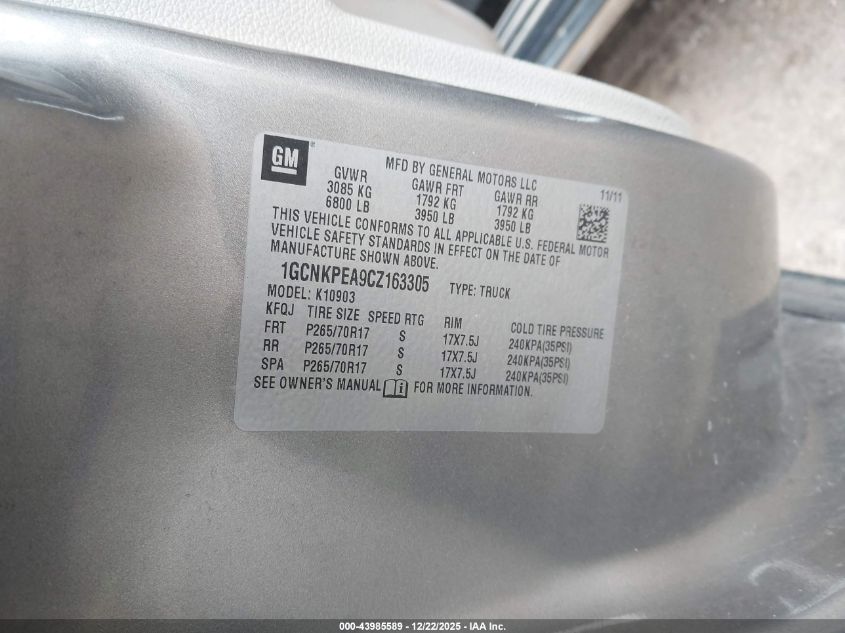 2012 Chevrolet Silverado 1500 Work Truck VIN: 1GCNKPEA9CZ163305 Lot: 43985589