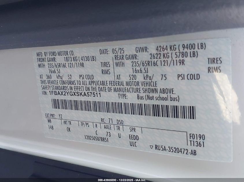 2025 Ford Transit-350 Passenger Van Xlt VIN: 1FBAX2YGXSKA57511 Lot: 43985590