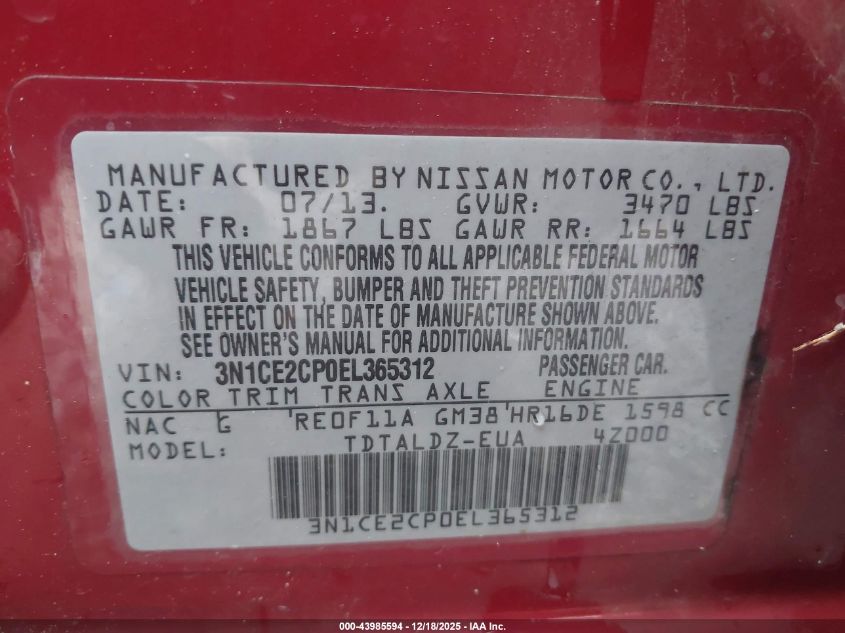 2014 Nissan Versa Note Sv VIN: 3N1CE2CP0EL365312 Lot: 43985594