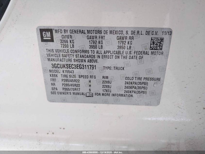 2014 Chevrolet Silverado 1500 2Lz VIN: 3GCUKSEC3EG311791 Lot: 43985595