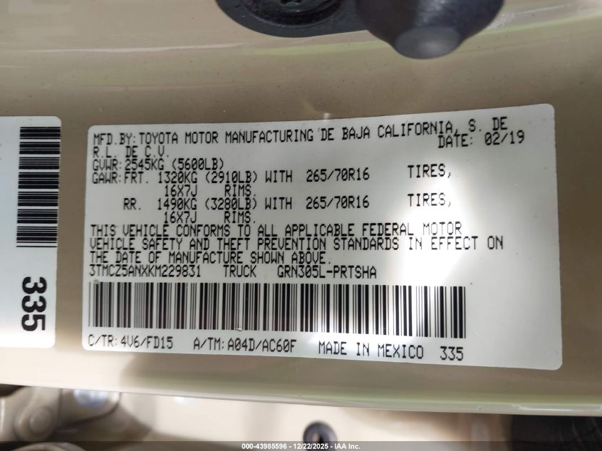 2019 Toyota Tacoma Trd Off Road VIN: 3TMCZ5ANXKM229831 Lot: 43985596