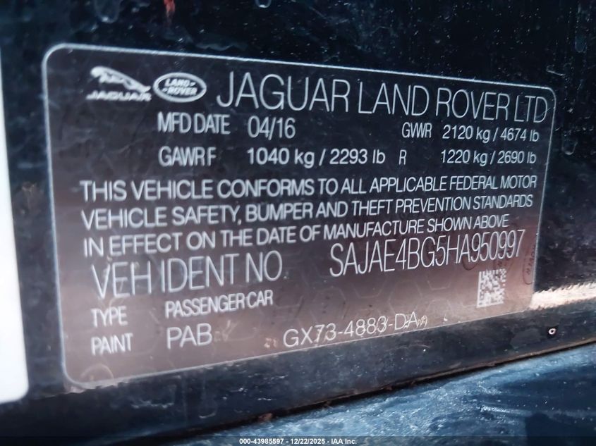 2017 Jaguar Xe 25T Prestige VIN: SAJAE4BG5HA950997 Lot: 43985597