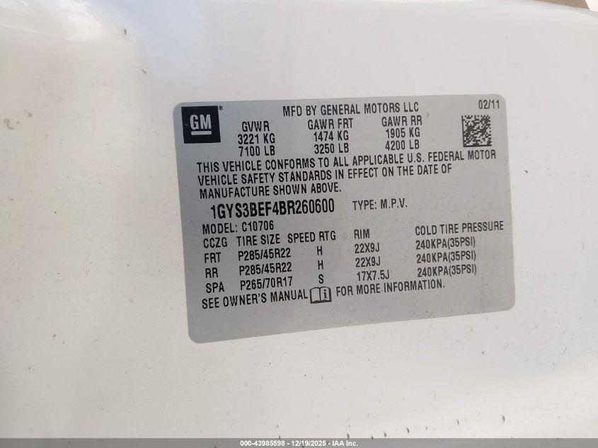 2011 Cadillac Escalade Luxury VIN: 1GYS3BEF4BR260600 Lot: 43985598