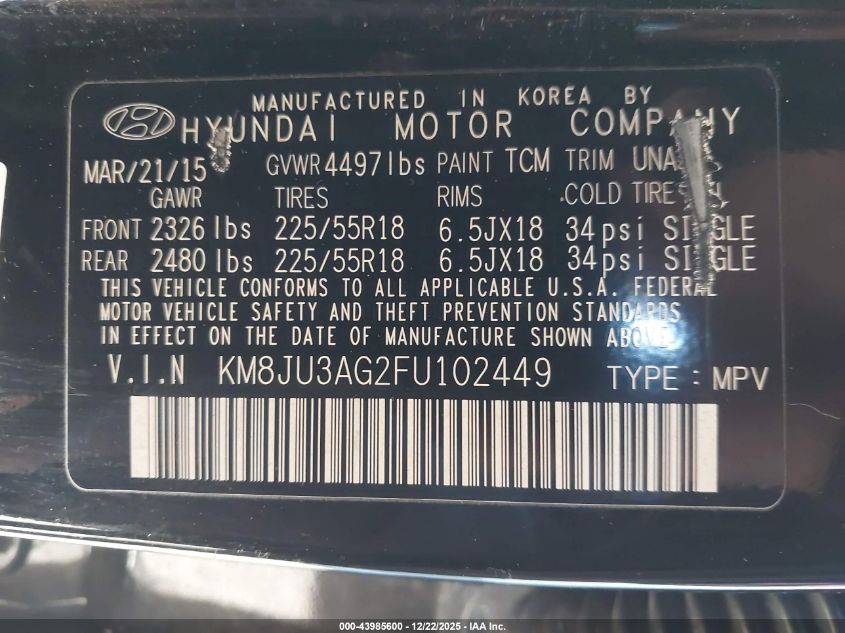 2015 Hyundai Tucson Limited VIN: KM8JU3AG2FU102449 Lot: 43985600