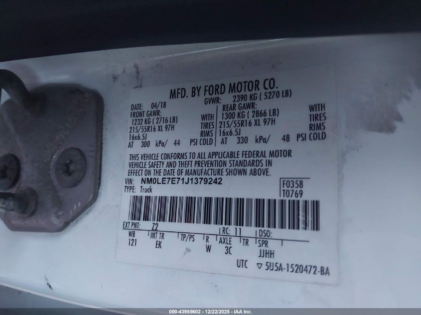 2018 Ford Transit Connect Xl VIN: NM0LE7E71J1379242 Lot: 43985602