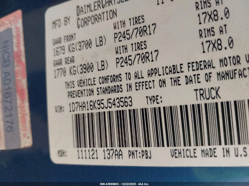 2005 Dodge Ram 1500 St VIN: 1D7HA16K95J543563 Lot: 43985603