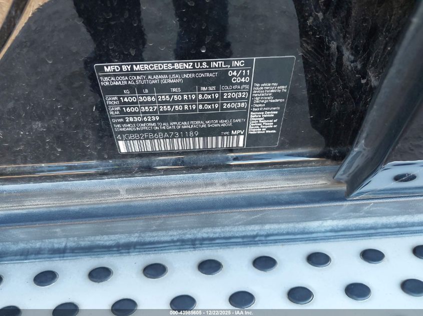 2011 Mercedes-Benz Ml 350 Bluetec 4Matic VIN: 4JGBB2FB6BA731189 Lot: 43985605