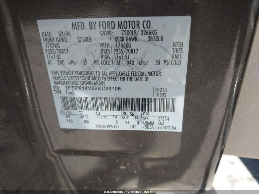 2006 Ford F-150 Fx4/Lariat/Xl/Xlt VIN: 1FTPX14V26KC99705 Lot: 43985607