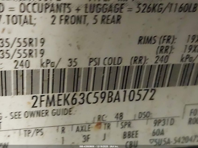 2009 Ford Flex Limited VIN: 2FMEK63C59BA10572 Lot: 43985608