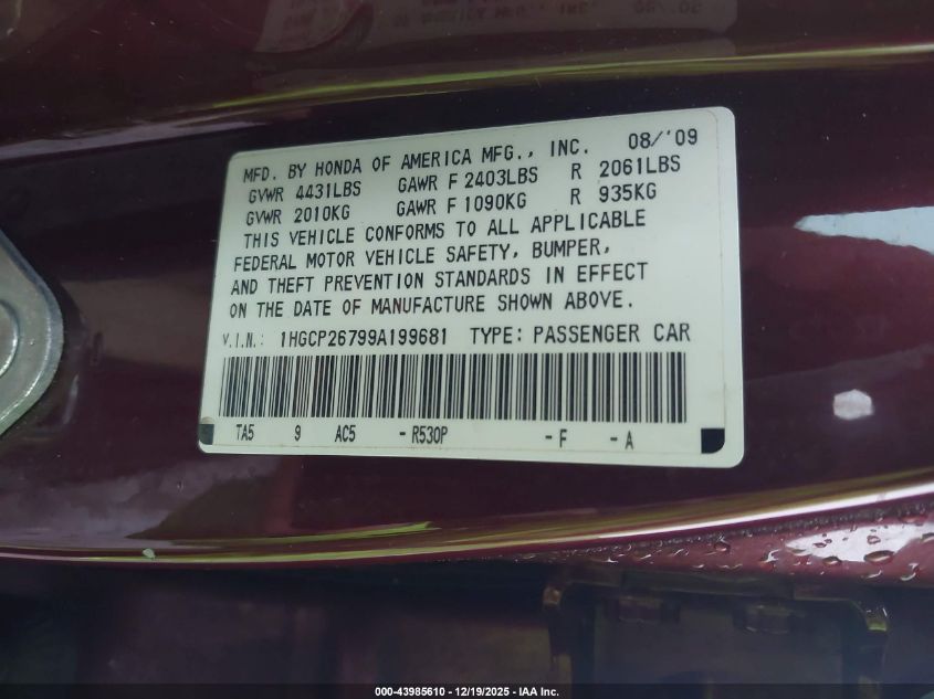 2009 Honda Accord 2.4 Ex VIN: 1HGCP26799A199681 Lot: 43985610