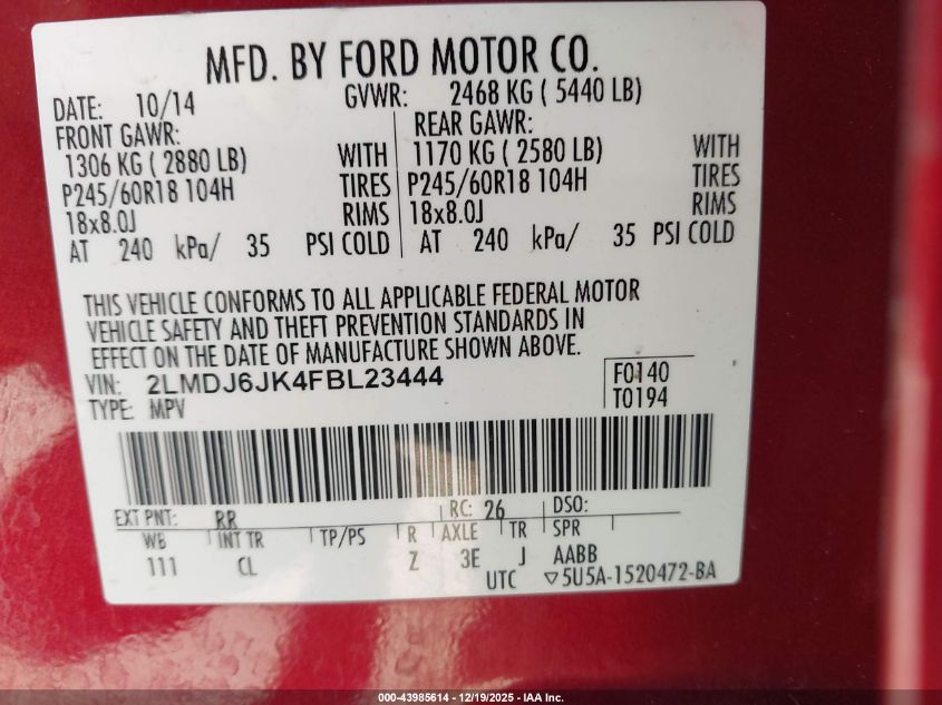 2015 Lincoln Mkx VIN: 2LMDJ6JK4FBL23444 Lot: 43985614