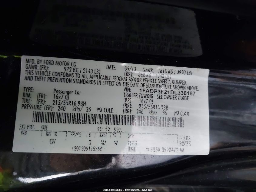 2013 Ford Focus Se VIN: 1FADP3F21DL338167 Lot: 43985615